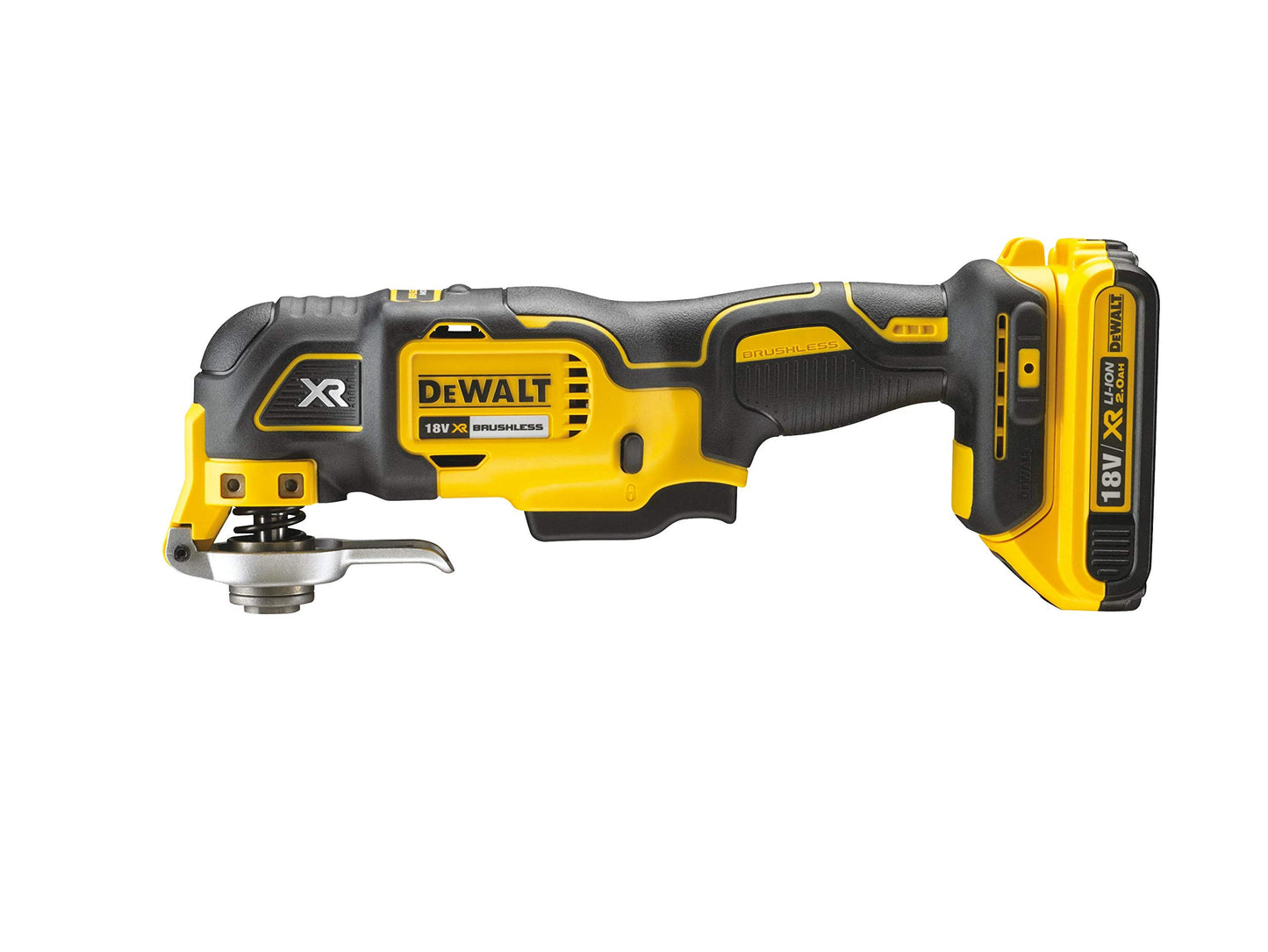 DEWALT Multi-Tool/ Multifunktionswerkzeug (18 Volt, 2,0 Ah Akku, bürstenlos, LED-Arbeitslampe, Airlock-System, inkl. 35-teiliges Zubehör-Set, 2 Akkus, Schnell-Ladegerät und TSTAK Box II) DCS355D2