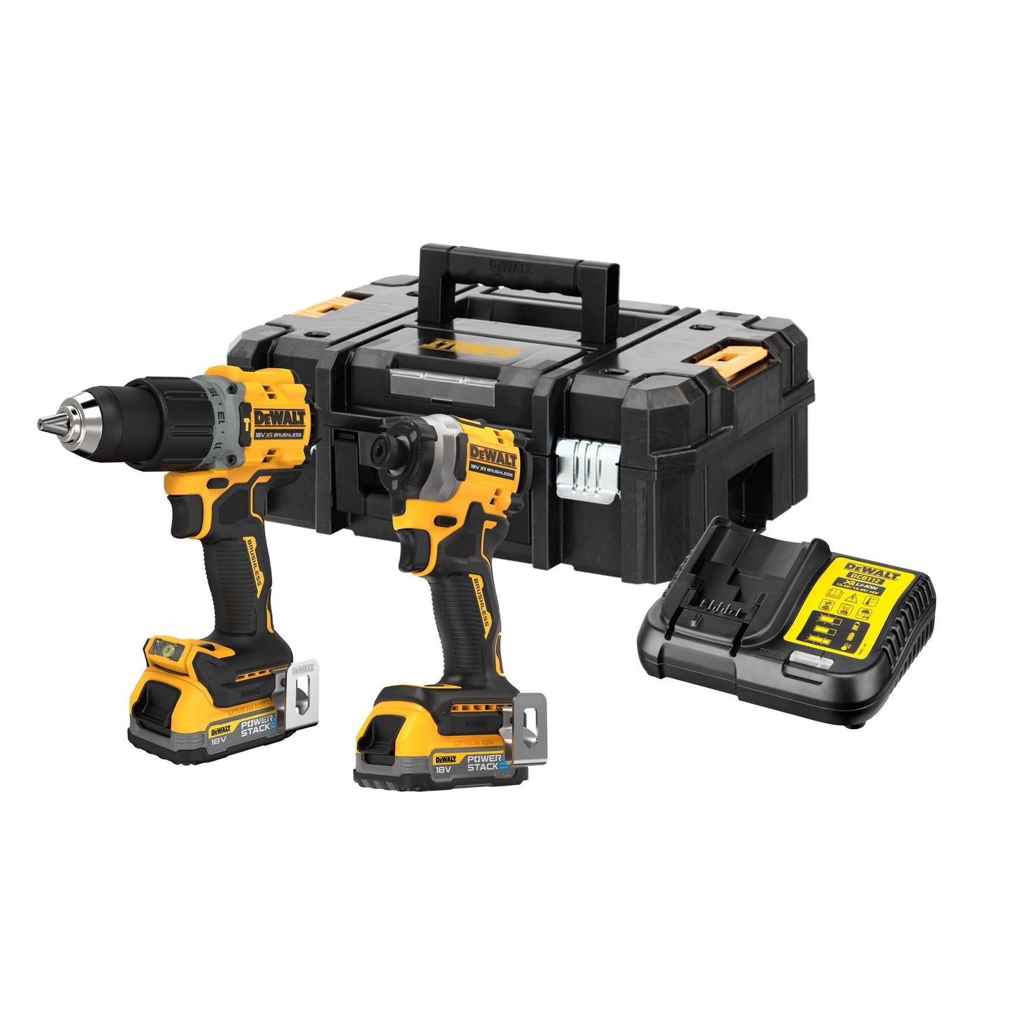 Dewalt 18 Volt Akku-Komobpack DCK2050E2T (mit 1x Schlagbohrschrauber DCD805, 1x ¼“ Schlagschrauber DCF850, 2x 18V/1,7Ah Powerstack-Akkus DCBP034, 1x System-Schnellladegerät DCB115, T STAK-Box II)