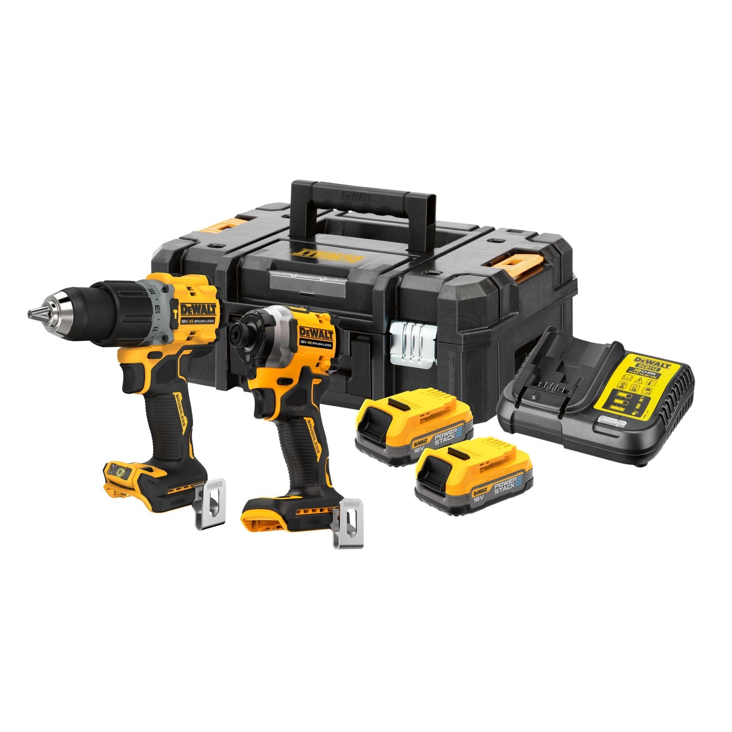 Dewalt 18 Volt Akku-Komobpack DCK2050E2T (mit 1x Schlagbohrschrauber DCD805, 1x ¼“ Schlagschrauber DCF850, 2x 18V/1,7Ah Powerstack-Akkus DCBP034, 1x System-Schnellladegerät DCB115, T STAK-Box II)