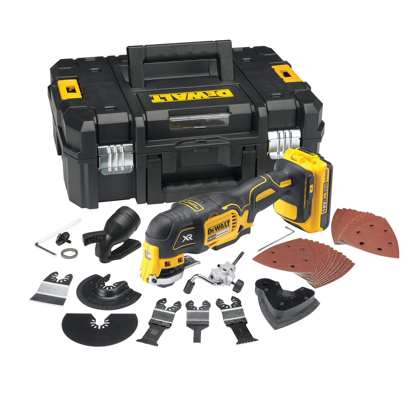 DEWALT Multi-Tool/ Multifunktionswerkzeug (18 Volt, 2,0 Ah Akku, bürstenlos, LED-Arbeitslampe, Airlock-System, inkl. 35-teiliges Zubehör-Set, 2 Akkus, Schnell-Ladegerät und TSTAK Box II) DCS355D2