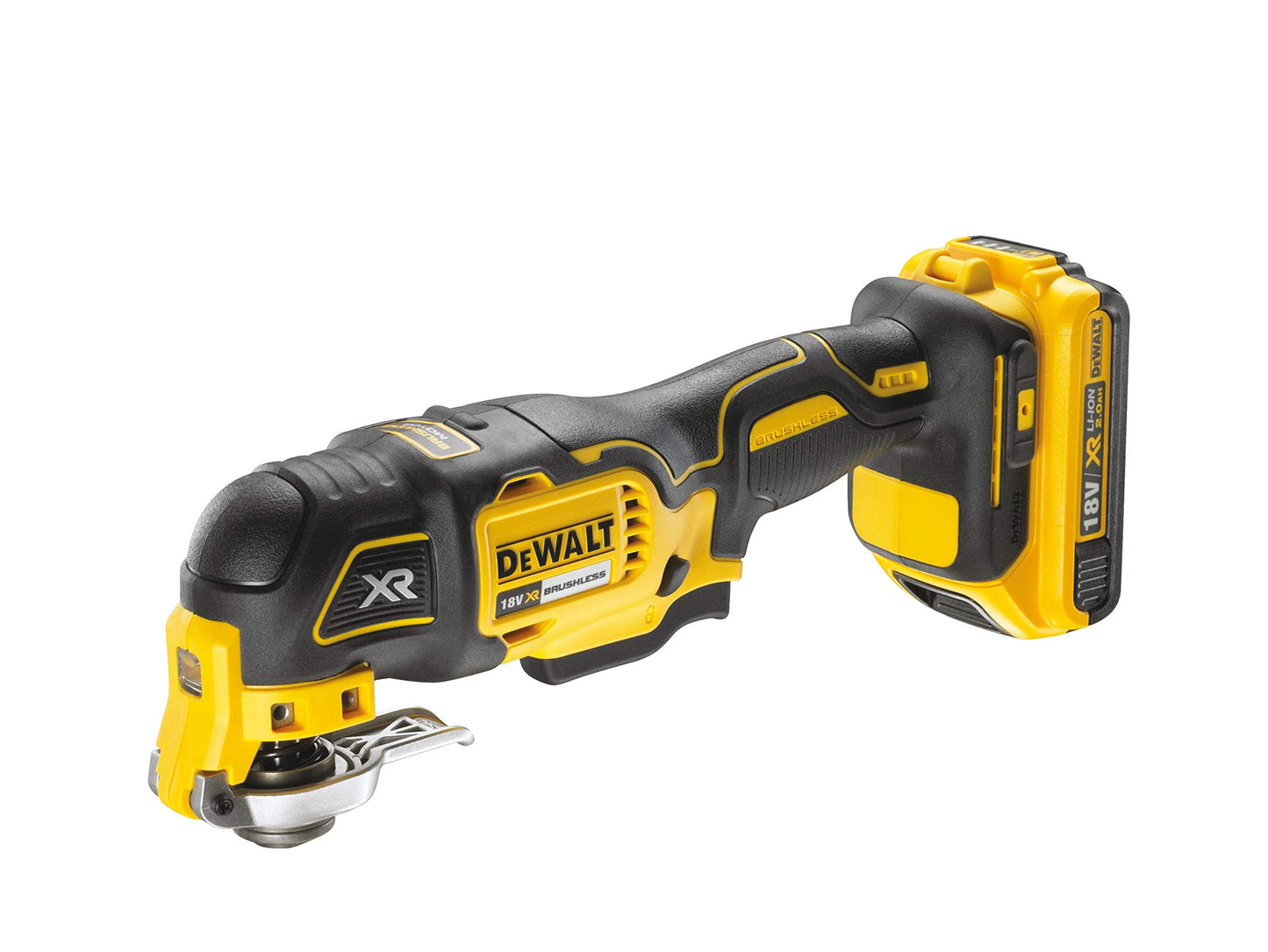 DEWALT Multi-Tool/ Multifunktionswerkzeug (18 Volt, 2,0 Ah Akku, bürstenlos, LED-Arbeitslampe, Airlock-System, inkl. 35-teiliges Zubehör-Set, 2 Akkus, Schnell-Ladegerät und TSTAK Box II) DCS355D2