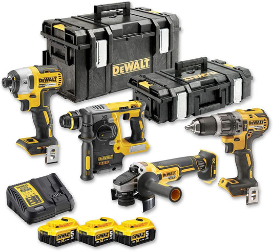 Dewalt 18 Volt Kombo-Pack DCK422P3 (mit 1x Schlagschrauber DCD796, 1x Schlagschrauber DCF887, 1x SDS+ Kombihammer DCH273, 1x Winkelschleifer DCG405, 3x 18 V 5 Ah Li-Ion Akkus, Ladegerät, 2x Boxen)